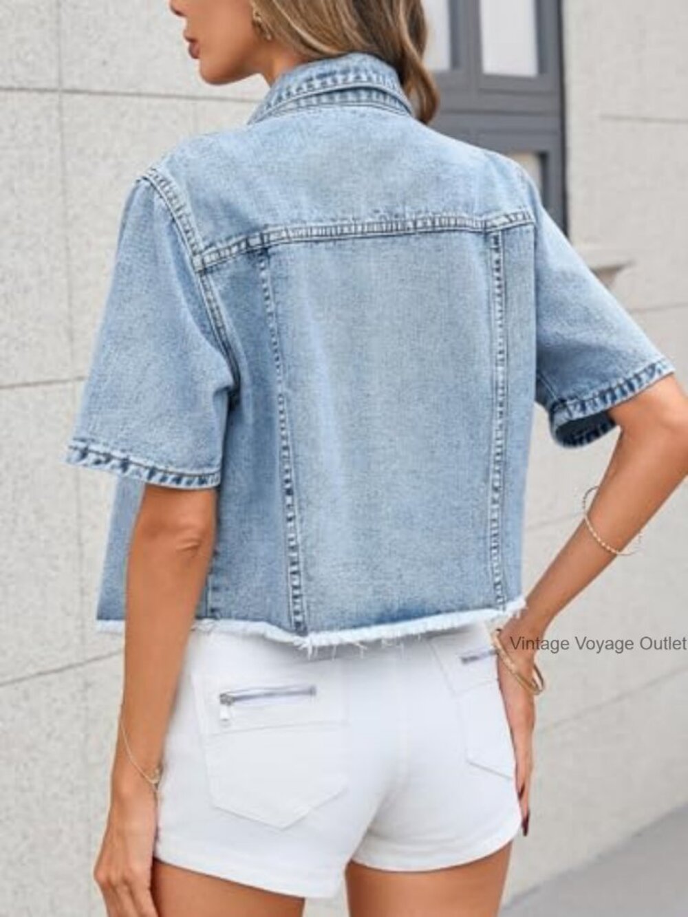 Women's Short Sleeve Cropped Denim Jacket Frayed Hem Jean Jacket - Picture 2 of 7